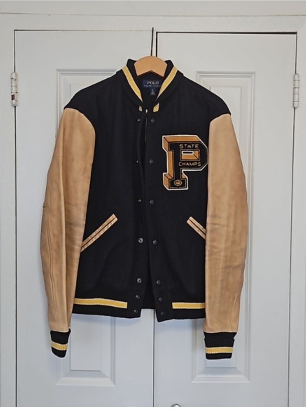 Polo by Ralph Lauren Black and Tan Varsity Jacket with Yellow Trim